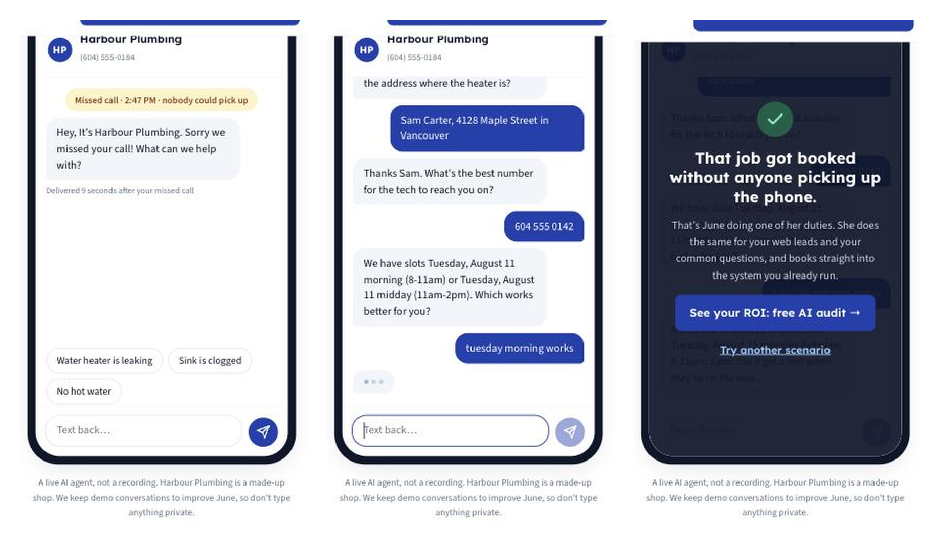 Three phone screens: missed-call text-back, booking conversation, and booked confirmation