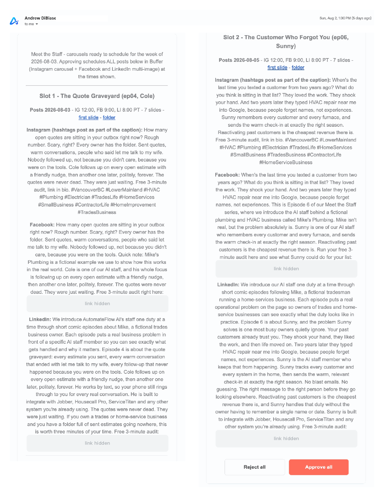 Weekly approval email with full captions per platform